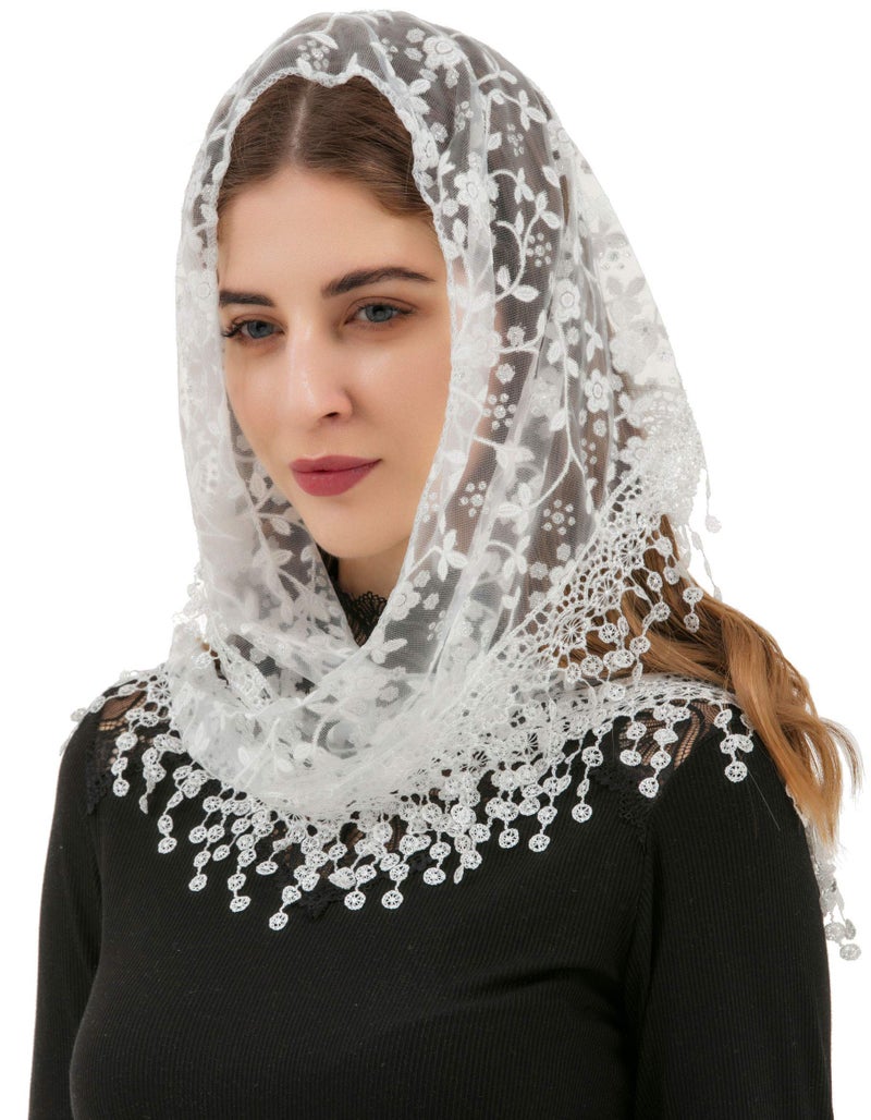 PAMOR Triangle Lace Veil Mantilla Cathedral Head Covering Chapel Veil for Mass Wedding Bridesmaids (White) - Image 1